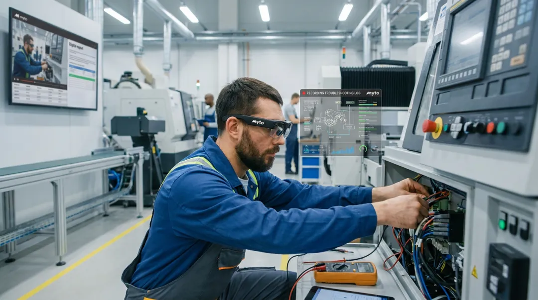 Technician wearing Myto AI smart glasses capturing troubleshooting knowledge on factory floor