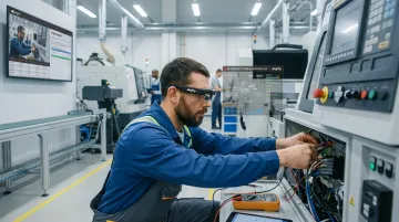 Technician wearing Myto AI smart glasses capturing troubleshooting knowledge on factory floor