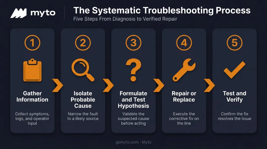 5-step systematic troubleshooting process from information gathering to verification