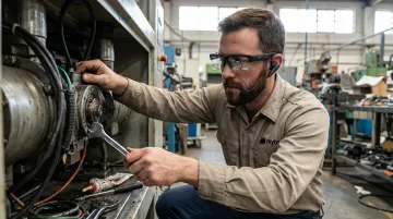 Technician wearing wearable AI glasses capturing hands-free troubleshooting footage on machinery
