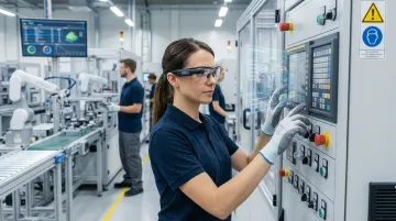 Operator using AI wearable glasses to capture troubleshooting knowledge on factory floor