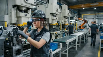Factory operator wearing AI glasses capturing troubleshooting knowledge hands-free