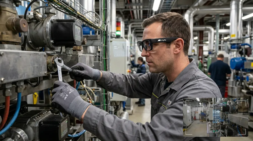 Technician wearing AI smart glasses capturing troubleshooting hands-free
