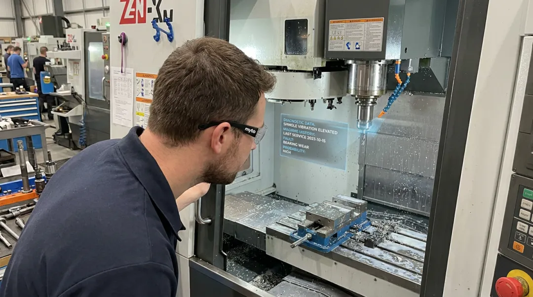 Technician wearing Myto AI glasses diagnosing CNC machine spindle vibration