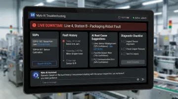 Myto AI wearable glasses platform displaying real-time troubleshooting guidance during fault event