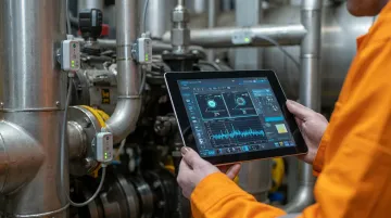 Manufacturing plant floor technician reviewing equipment condition monitoring data on tablet