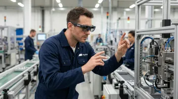 Technician wearing Myto AI glasses diagnosing equipment fault on factory floor