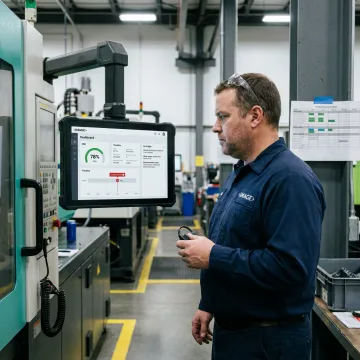 Manufacturing operator using AI software on factory floor