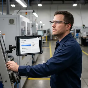 Operator using AI SOP software on a factory floor