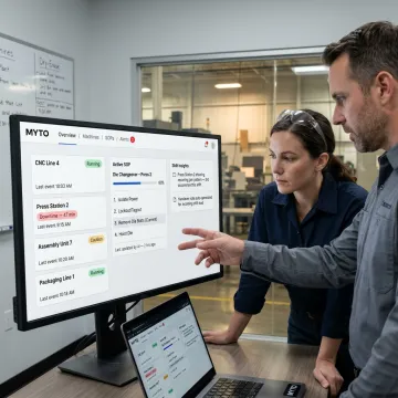 Manufacturing team reviewing AI operations dashboard