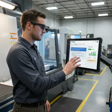Operator using digital work instructions on a factory floor