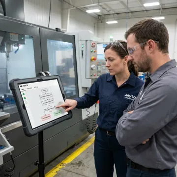 Manufacturing team reviewing SOP flowchart