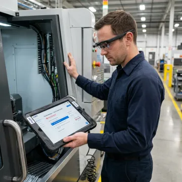 Operator using AI troubleshooting on factory floor