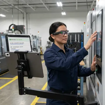 Manufacturing operator using AI troubleshooting on factory floor