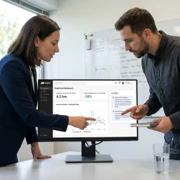 Manufacturing team reviewing predictive maintenance ROI dashboard