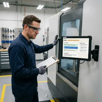 Operator using AI troubleshooting on factory floor