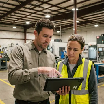 Manufacturing team reviewing automated workflow data