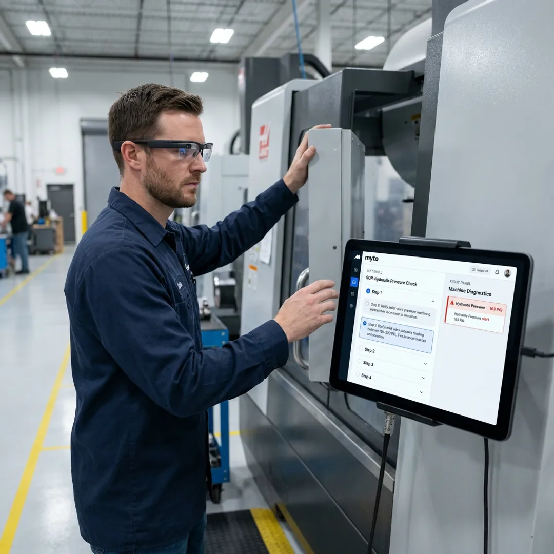 Operator using AI glasses on factory floor
