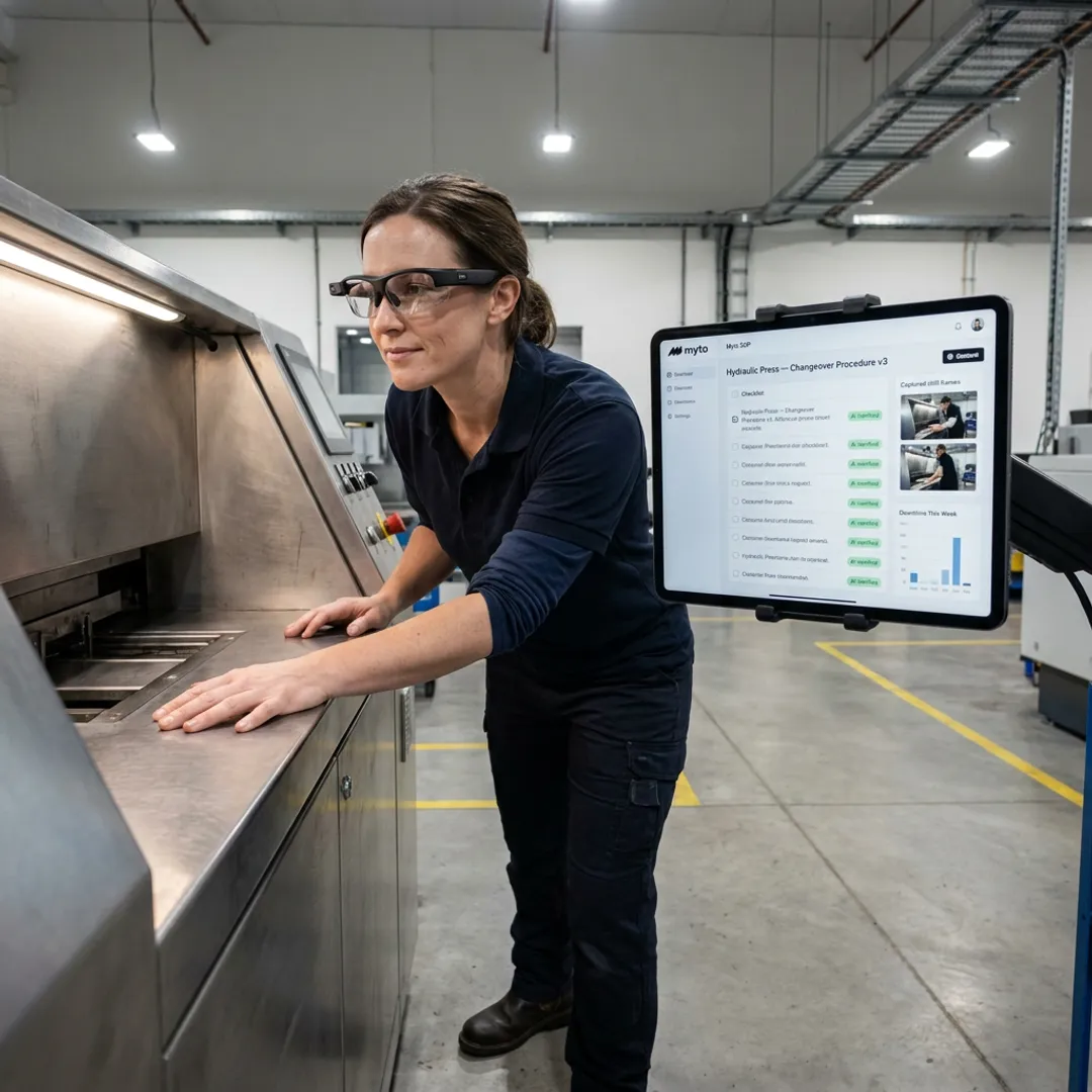 Operator using AI documentation tools on a factory floor