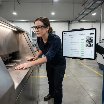 Operator using AI documentation tools on a factory floor