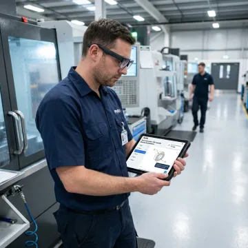 Operator using digital work instructions on factory floor