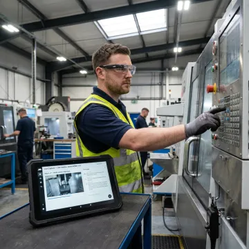 Factory operator using wearable AI glasses during SOP capture