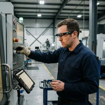 Operator using smart glasses on factory floor