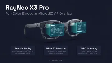 RayNeo X3 Pro AR glasses displaying full-color binocular MicroLED overlay in use