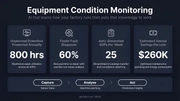 Manufacturing plant floor technician reviewing equipment condition monitoring data on tablet