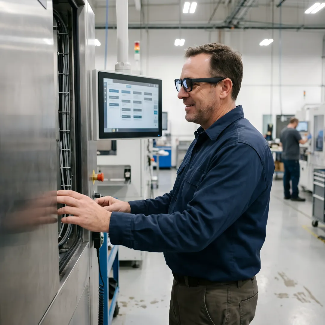 Operator using digital work instructions on a factory floor