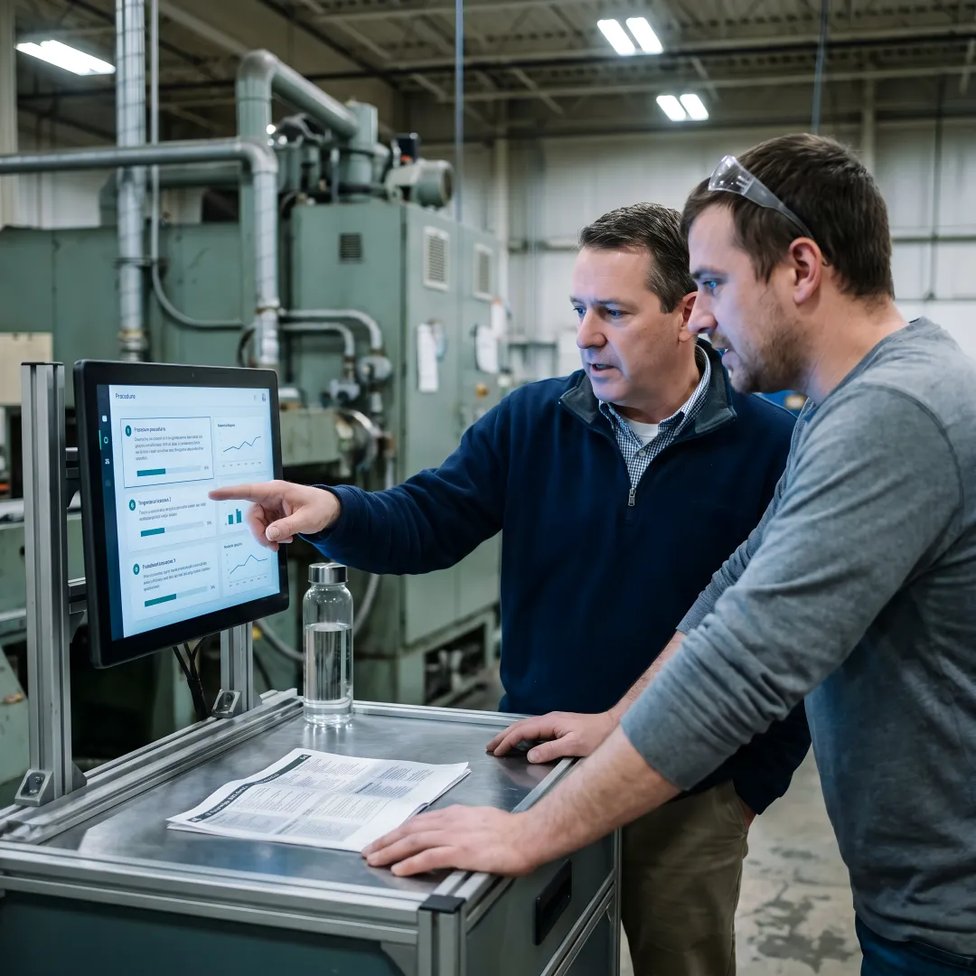 Manufacturing team reviewing AI-generated SOP workflow