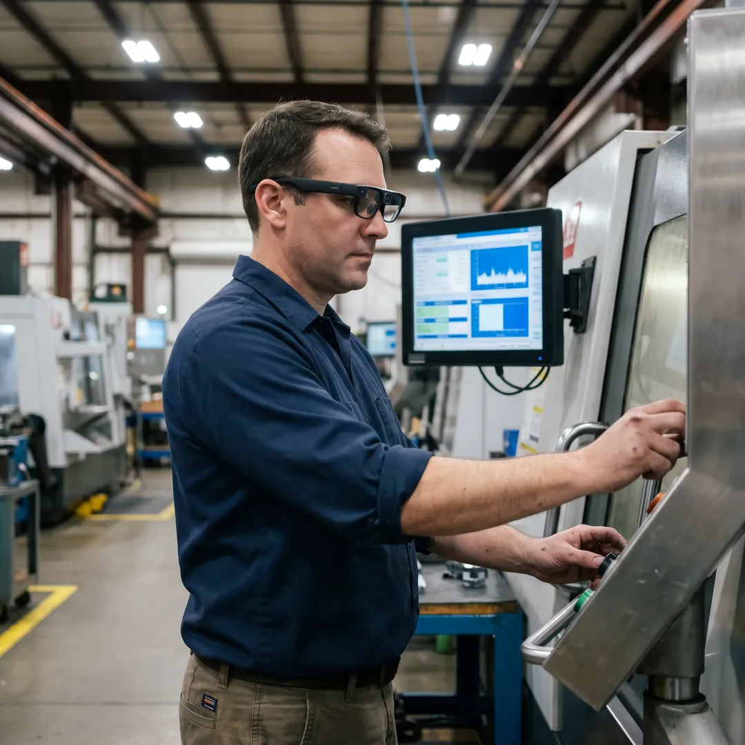 Operator using AI manufacturing software on the factory floor