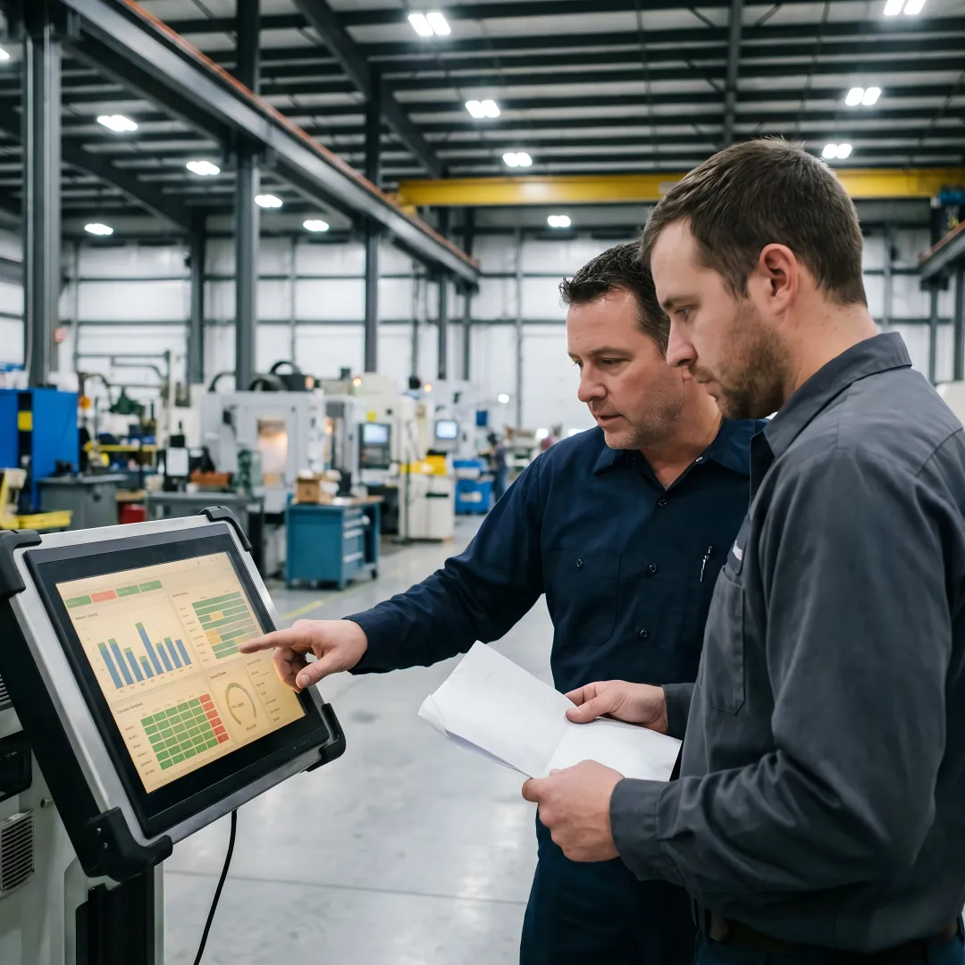 Manufacturing team reviewing AI operations dashboard