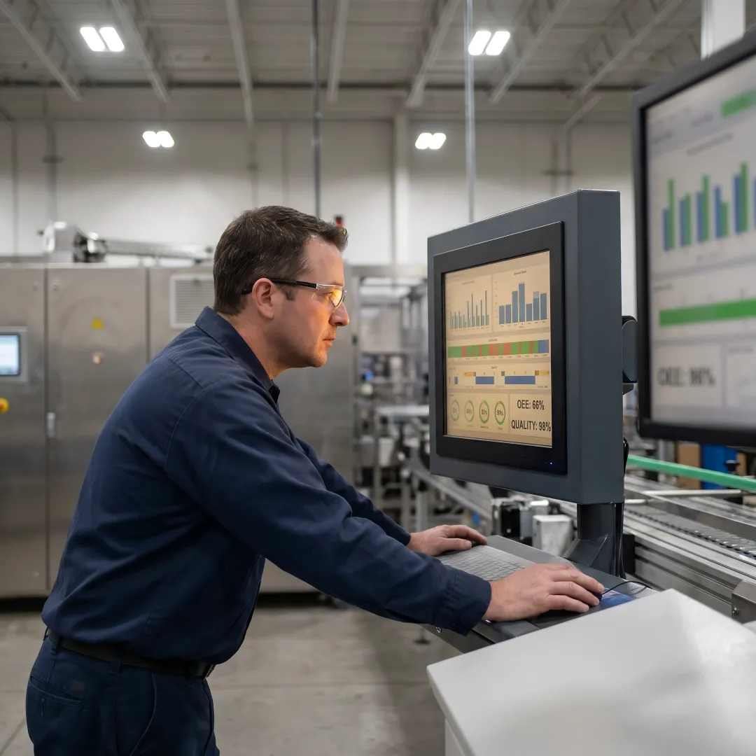 Manufacturing operator using AI software on factory floor