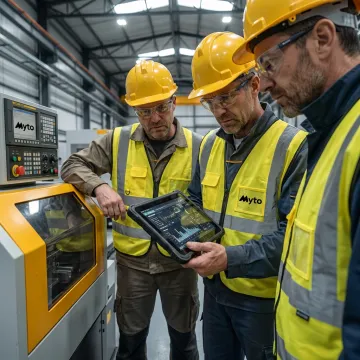 Manufacturing team using AI troubleshooting on factory floor