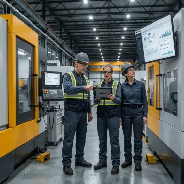 Factory team reviewing automation workflow