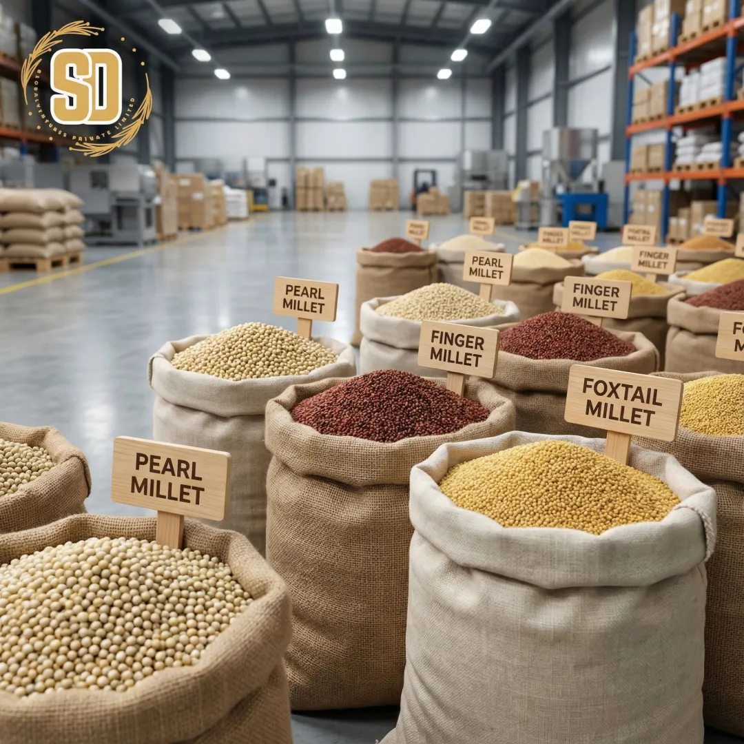 Premium organic millet varieties displayed in wholesale packaging