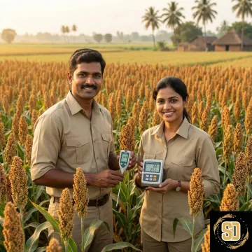 Agricultural team inspecting sorghum quality in Indian field