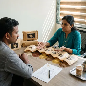 Millet supplier reviewing samples and packaging options