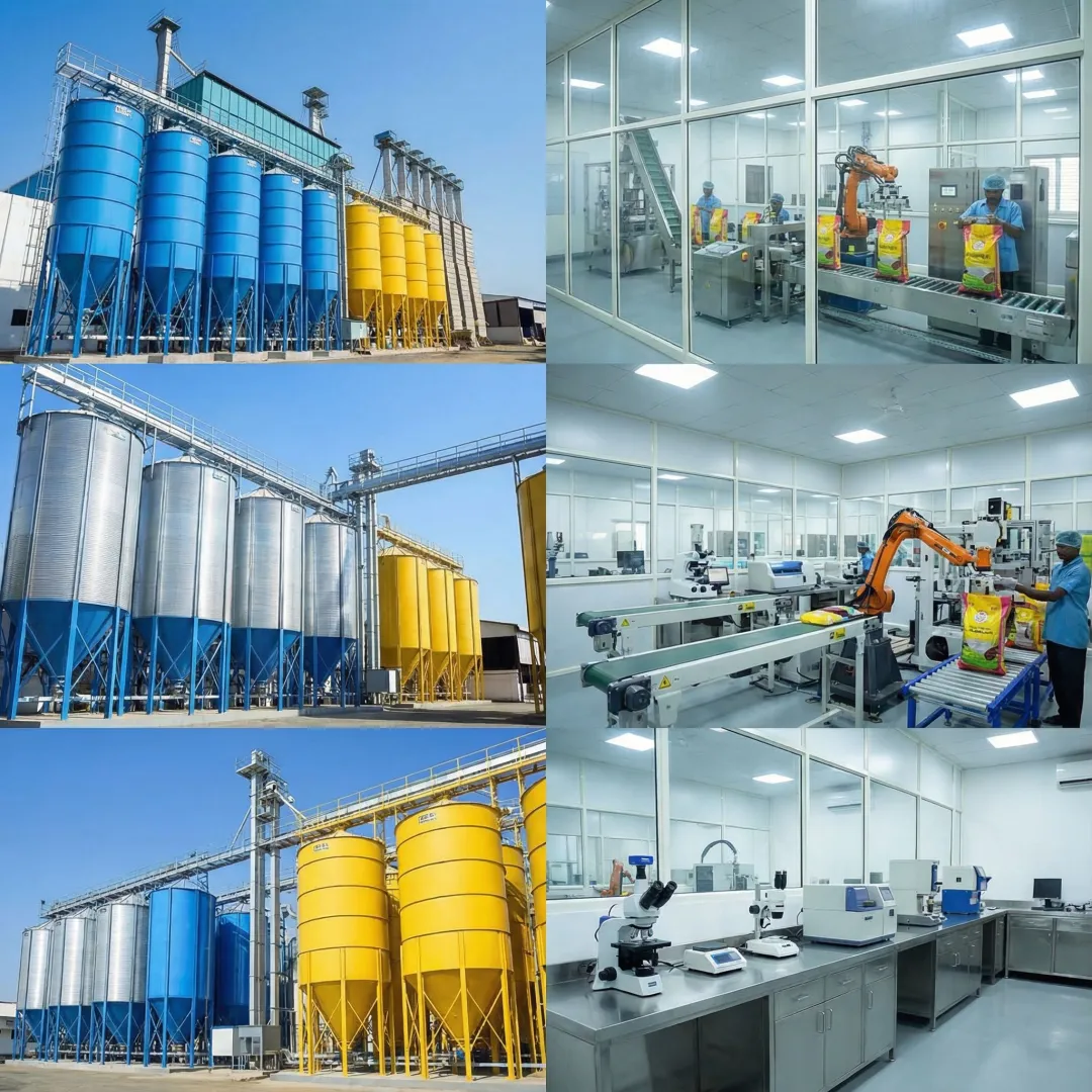 Modern millet processing and packaging facility with quality control systems