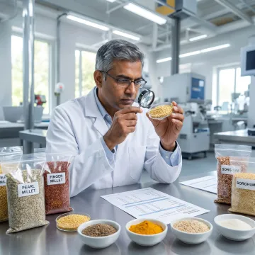 Millet grains being checked for quality