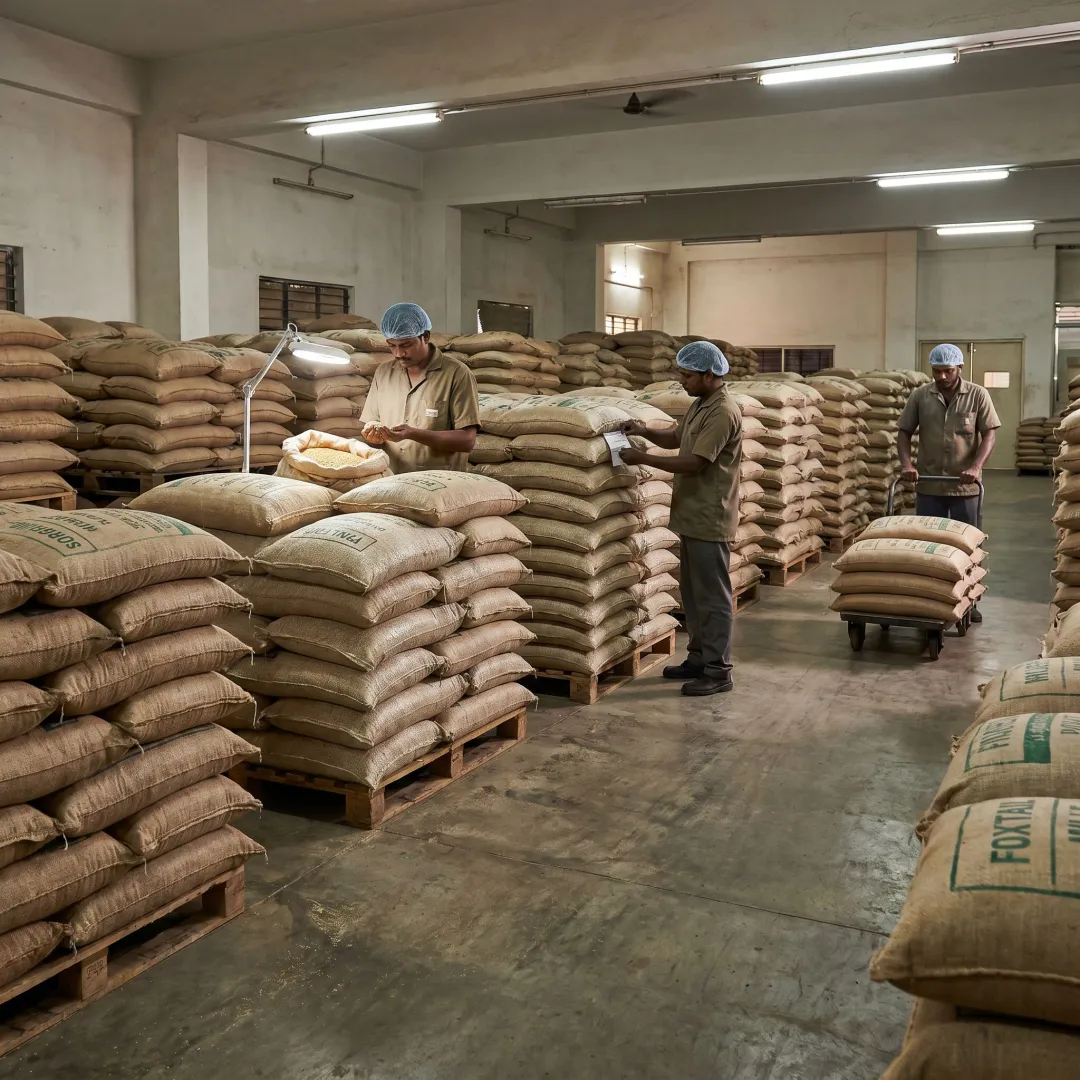 Bulk millet sacks in a food manufacturing warehouse