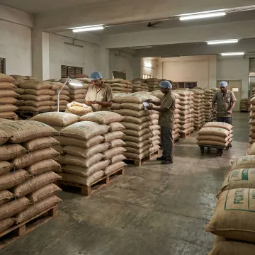 Bulk millet sacks in a food manufacturing warehouse