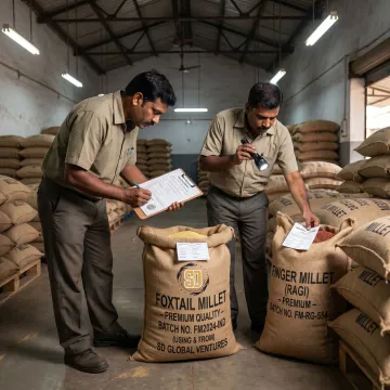 Millet supply team checking packaged grain orders