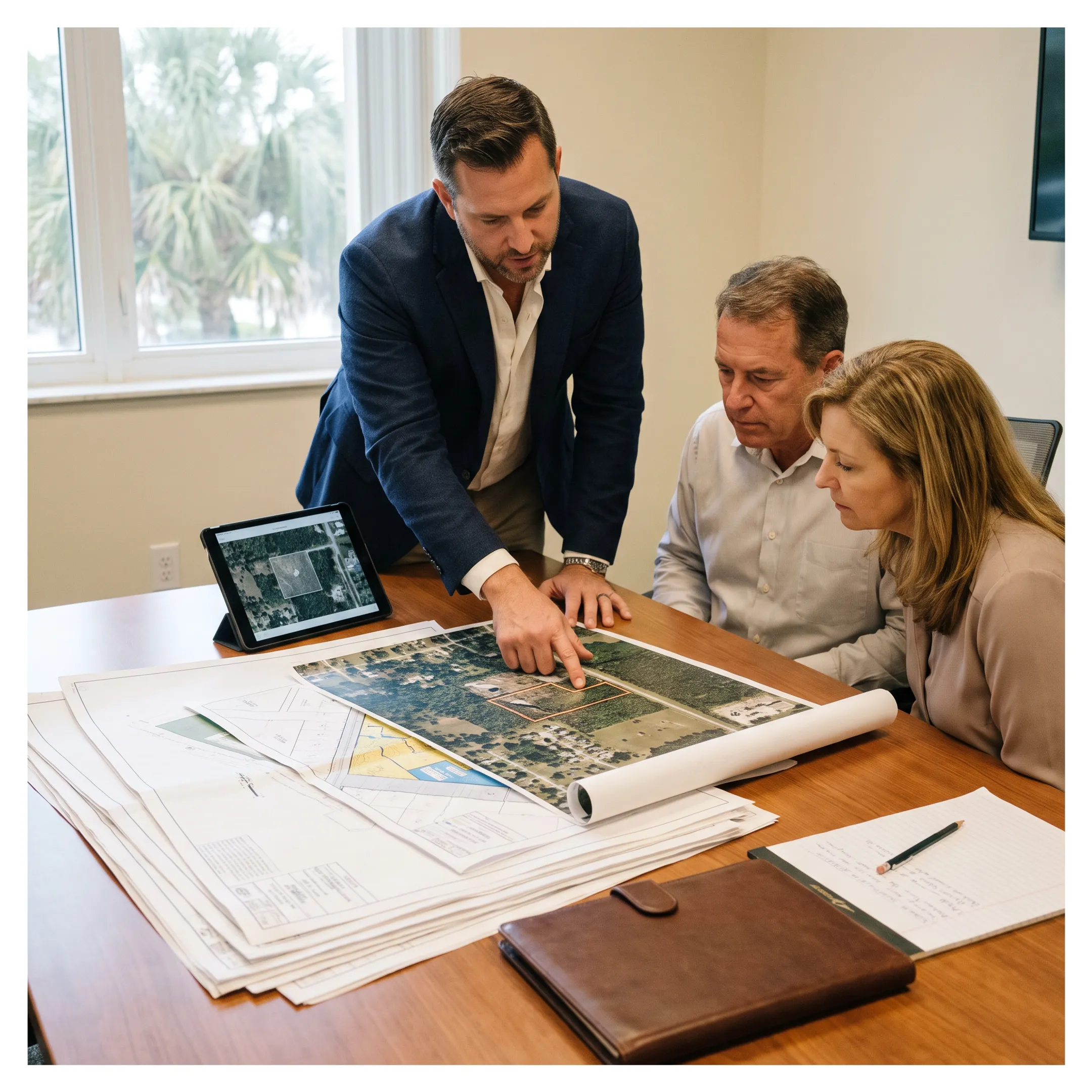 Florida land brokerage team reviewing development property plans with landowners
