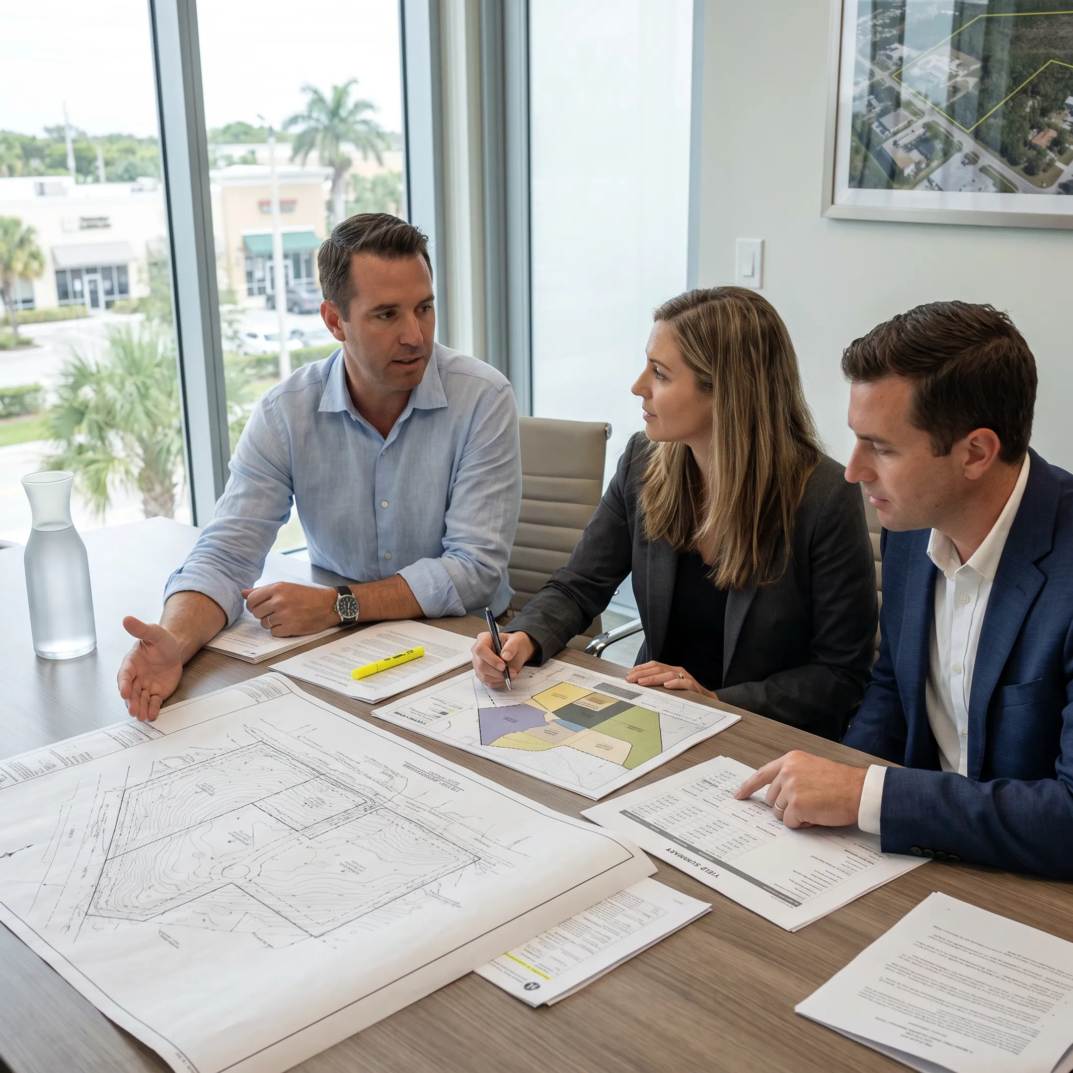 Commercial property advisors reviewing development plans and land opportunities