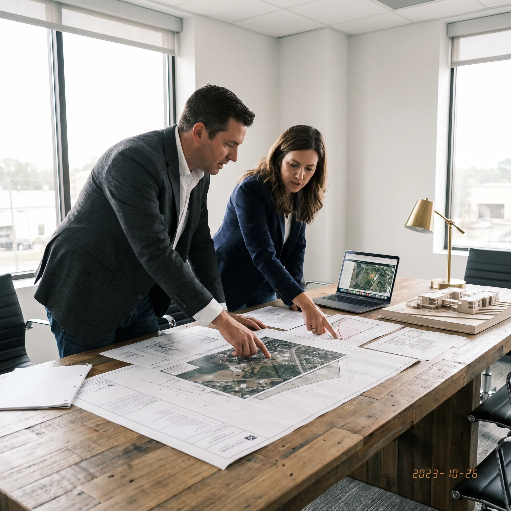 Real estate advisor examining development site plans
