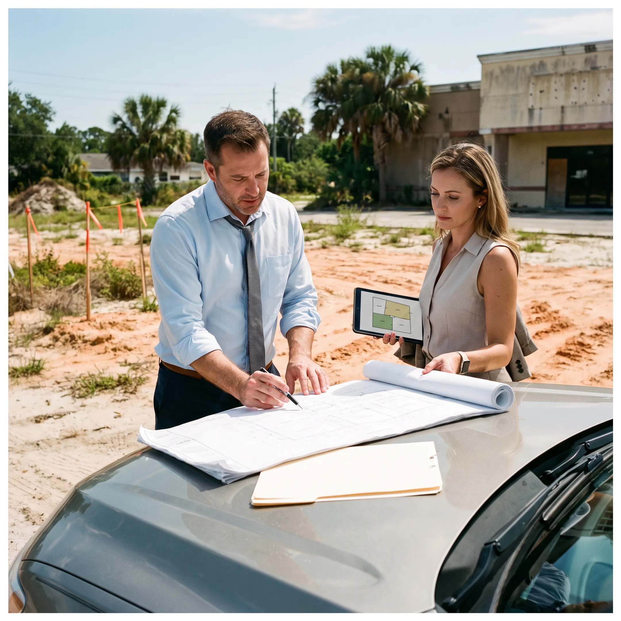 Commercial development property and real estate professionals reviewing site plans
