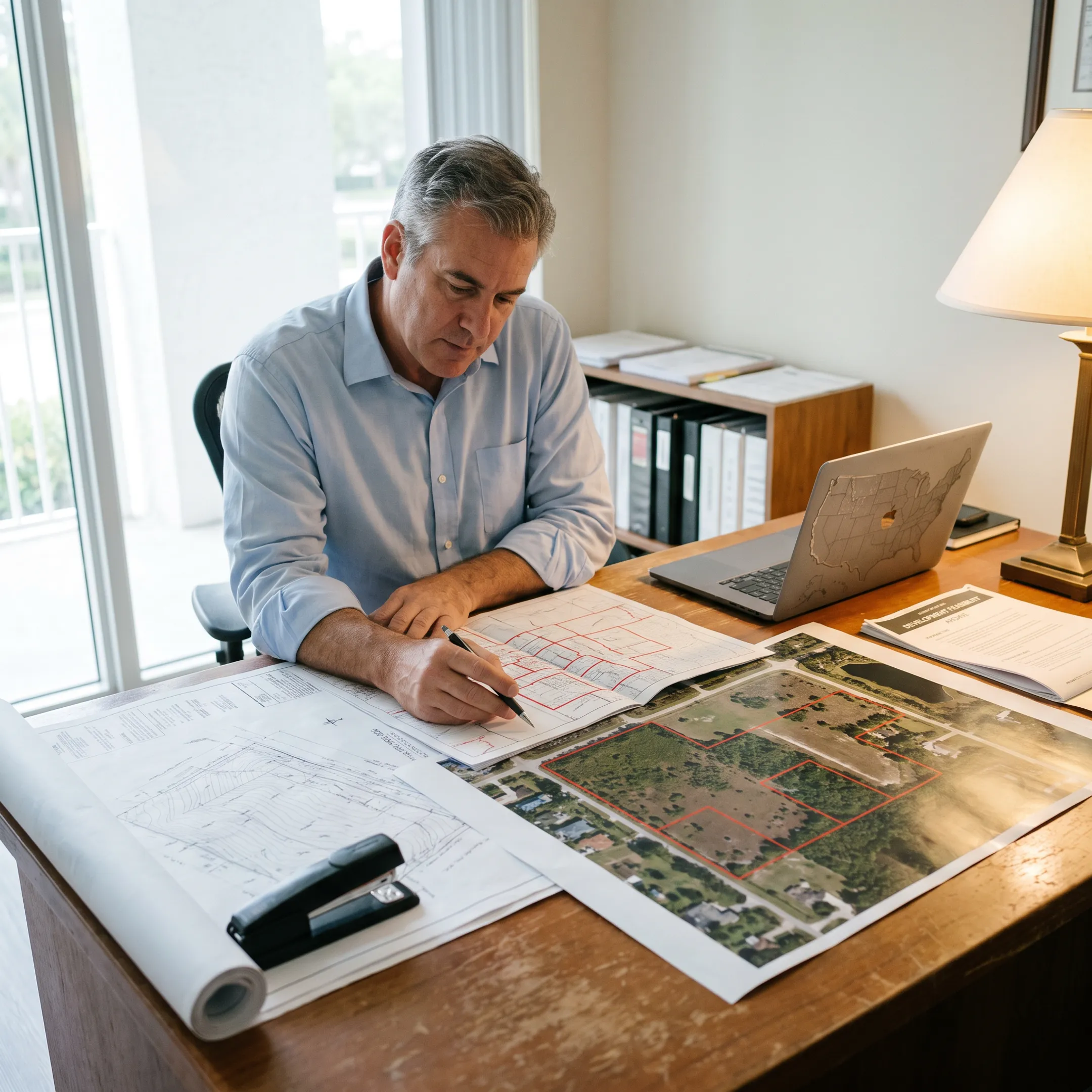 Broker reviewing commercial property plans and development analysis