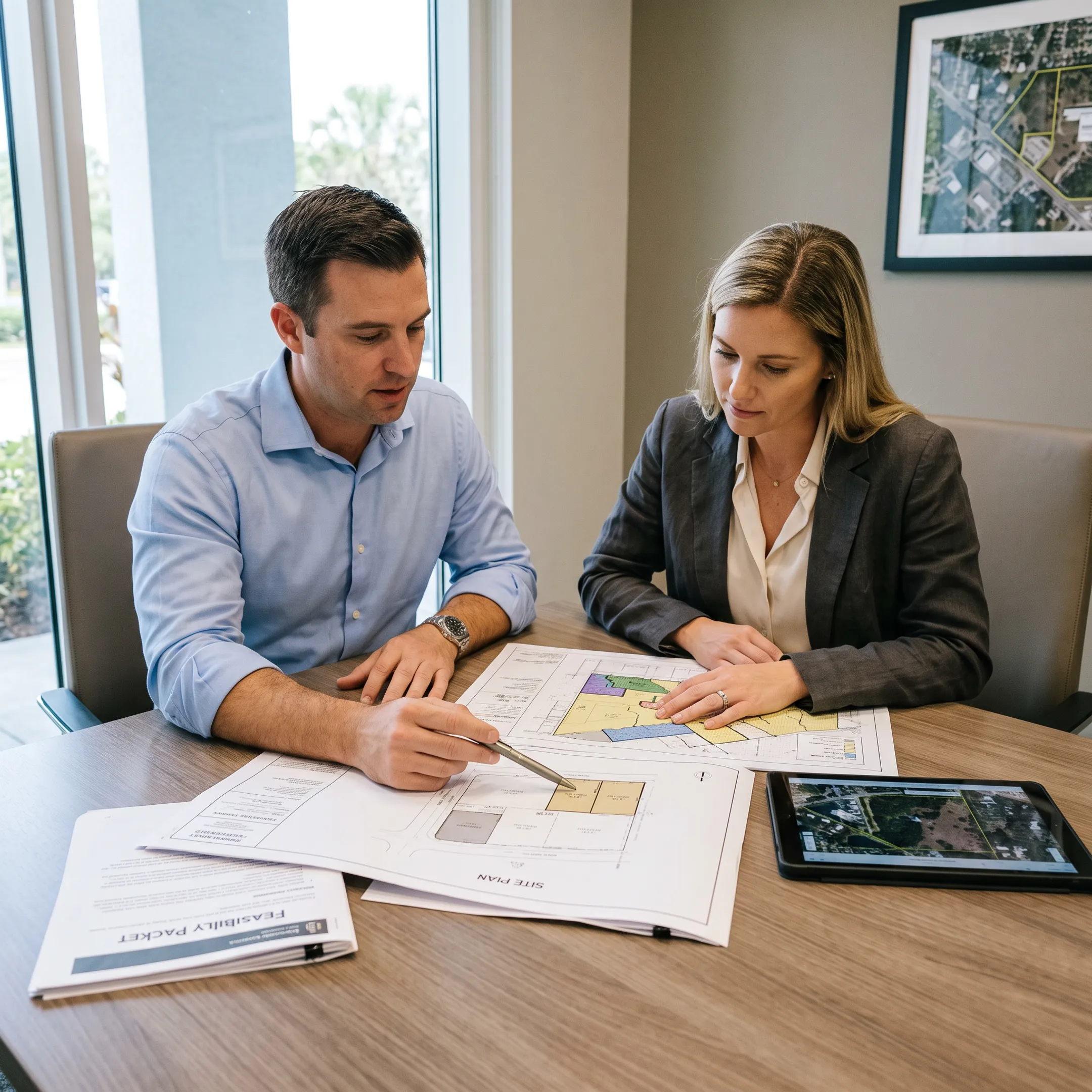 Professionals analyzing commercial development property plans